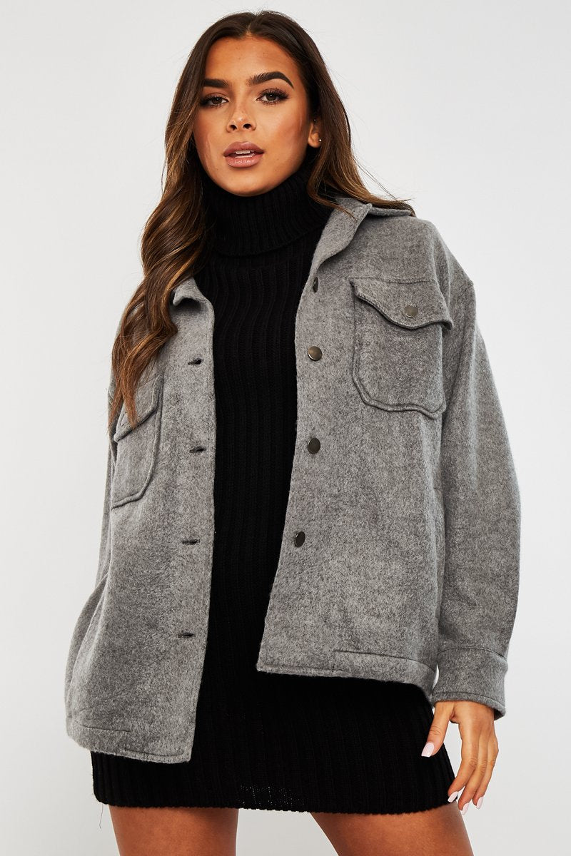 Dark Grey Pocket Oversized Brushed Shacket - Caley-Shacket