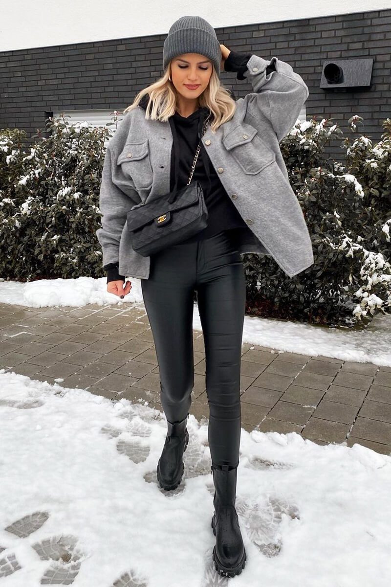 Dark Grey Pocket Oversized Brushed Shacket - Caley-Shacket