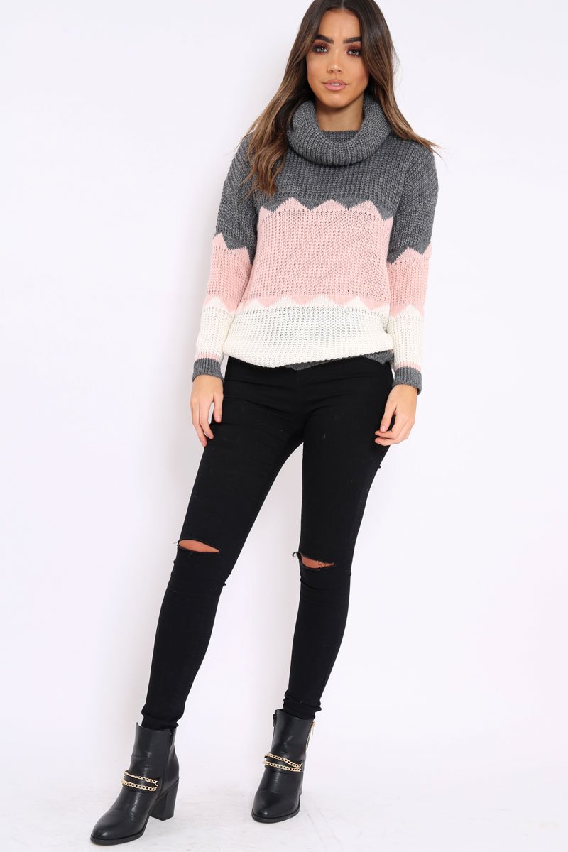 Dark Grey Rose and Cream ZigZag Patterned Roll Neck Jumper - Nataley-Jumper