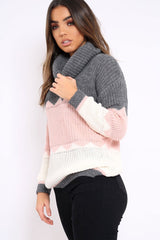 Dark Grey Rose and Cream ZigZag Patterned Roll Neck Jumper - Nataley-Jumper