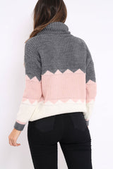 Dark Grey Rose and Cream ZigZag Patterned Roll Neck Jumper - Nataley-Jumper
