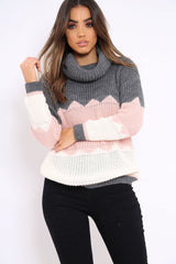 Dark Grey Rose and Cream ZigZag Patterned Roll Neck Jumper - Nataley-Jumper