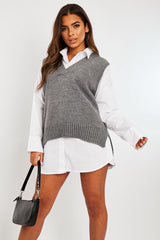 Dark Grey Shirt Insert Knit Vest Top - Caris-Tops