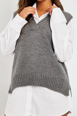 Dark Grey Shirt Insert Knit Vest Top - Caris-Tops
