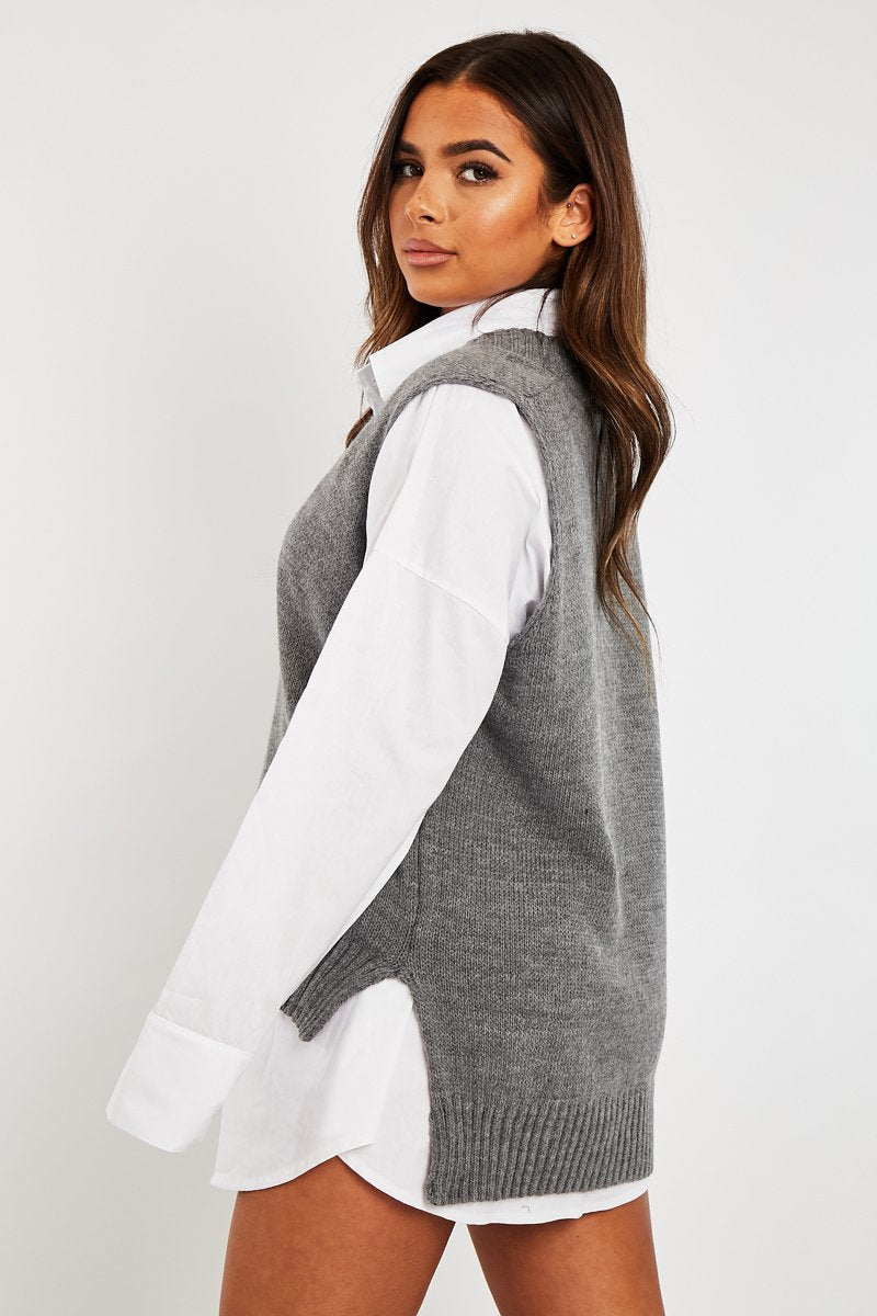 Dark Grey Shirt Insert Knit Vest Top - Caris-Tops
