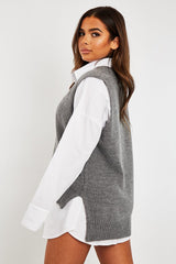 Dark Grey Shirt Insert Knit Vest Top - Caris-Tops