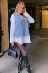 Dark Grey Shirt Insert Knit Vest Top - Caris-Tops