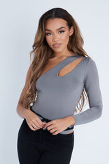 Dark Grey Slinky Cut Out One Sleeve Bodysuit - Debby-Bodysuits