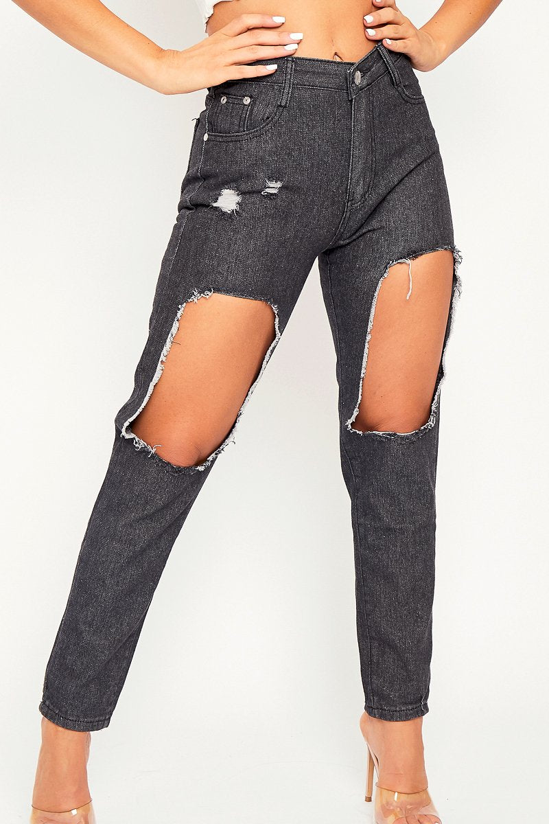 Dark Grey Thigh Rip Mom Jeans - Ellisen-Jeans