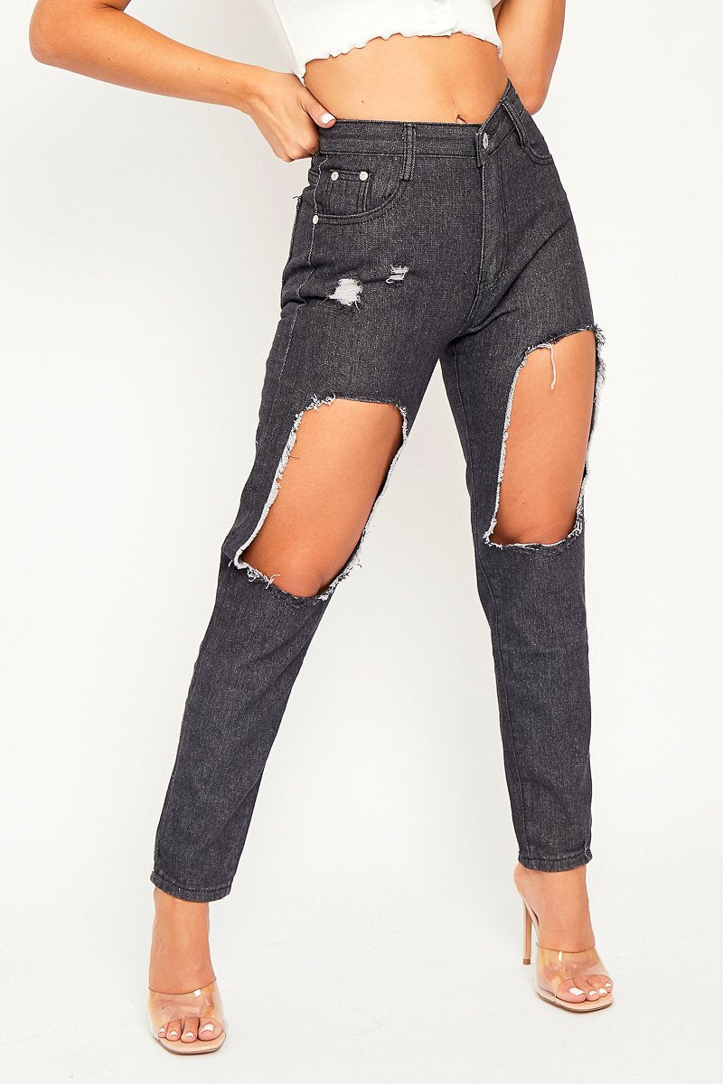 Dark Grey Thigh Rip Mom Jeans - Ellisen-Jeans