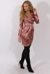Dark Pink Satin Wrap Dress - Jolene-Dresses