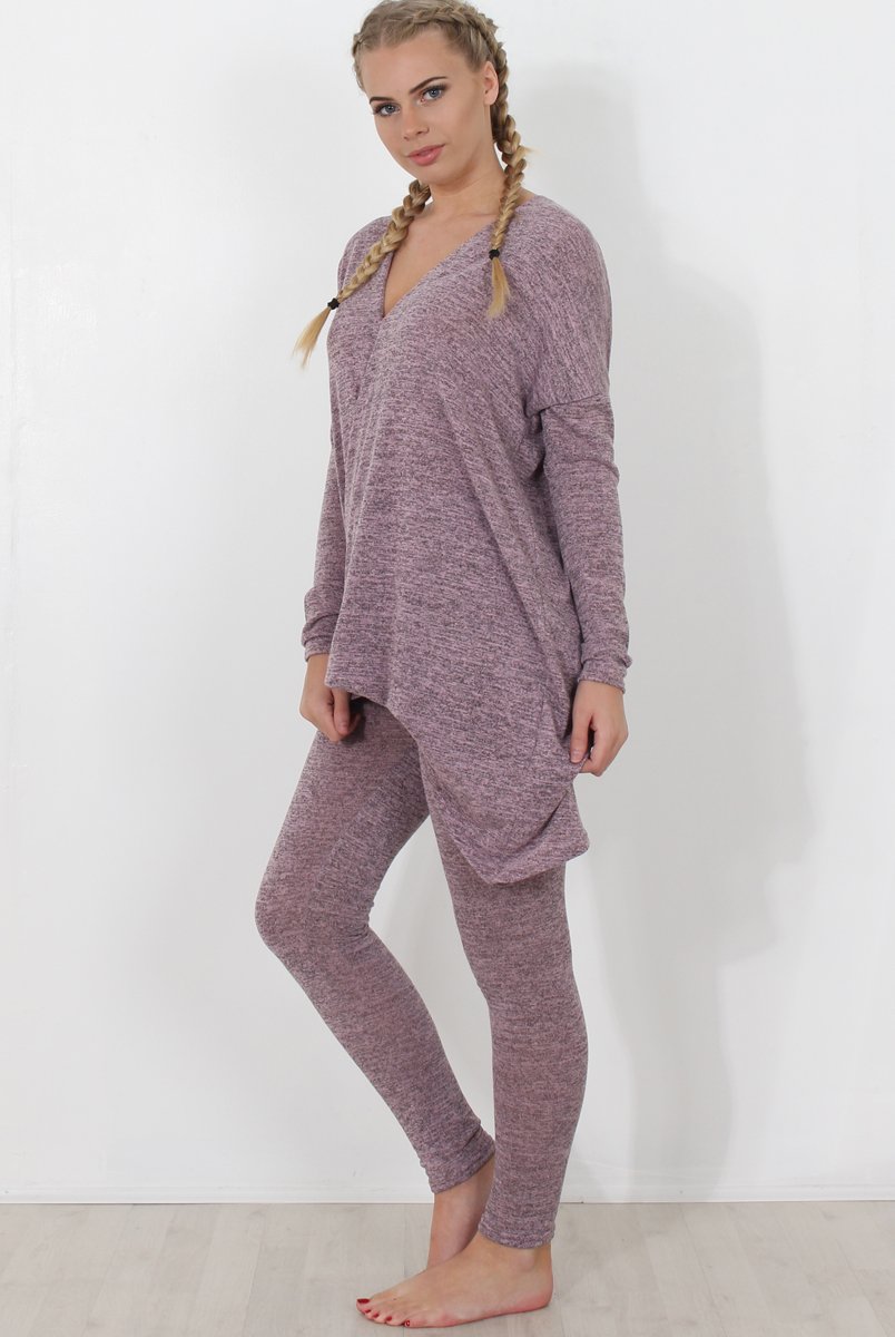 Dark Pink V Neck Loungewear Set-Kimi-Loungewear