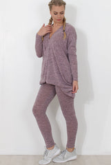 Dark Pink V Neck Loungewear Set-Kimi-Loungewear