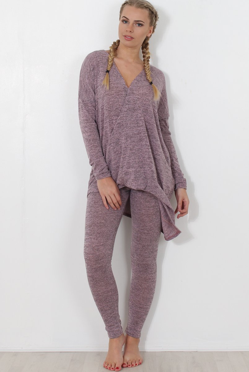 Dark Pink V Neck Loungewear Set-Kimi-Loungewear