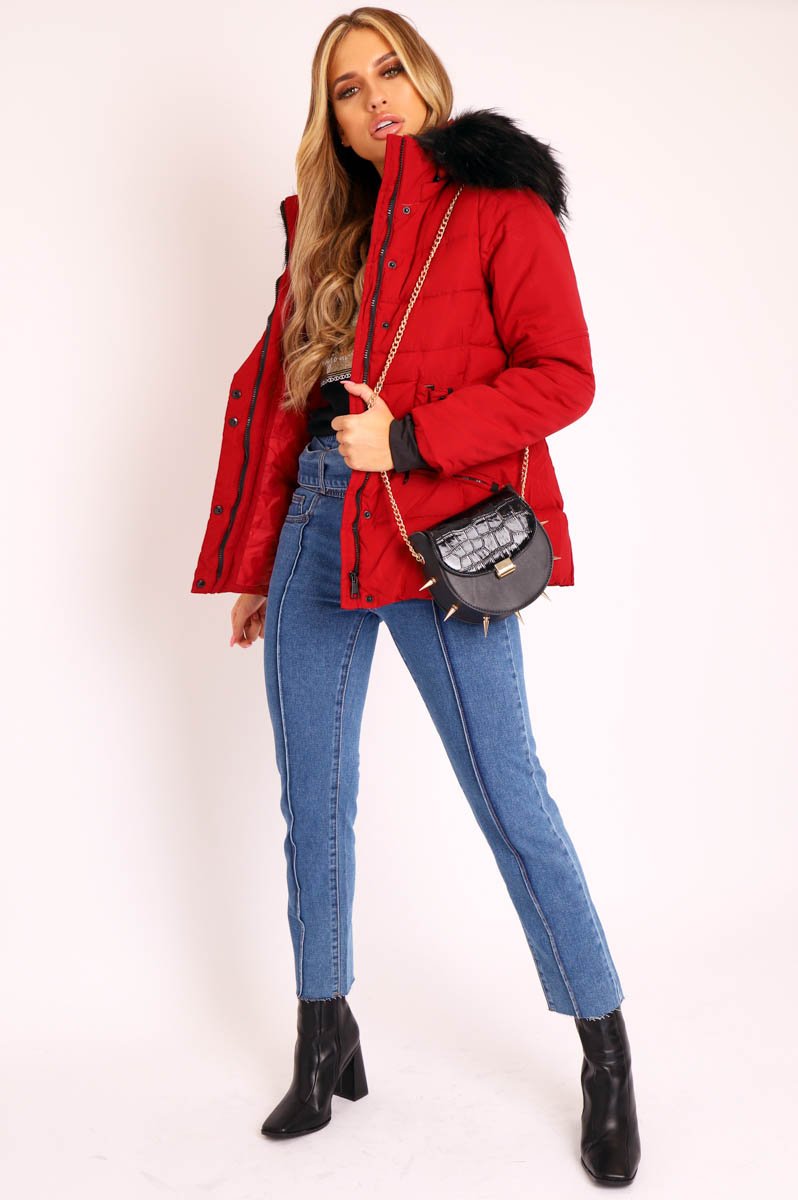 Dark Red Fur Trim Adjustable Waist Puffer Coat - Rossie-Coats