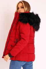Dark Red Fur Trim Adjustable Waist Puffer Coat - Rossie-Coats