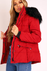 Dark Red Fur Trim Adjustable Waist Puffer Coat - Rossie-Coats