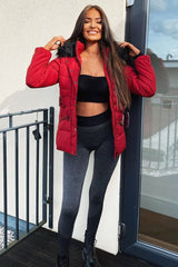 Dark Red Fur Trim Adjustable Waist Puffer Coat - Rossie-Coats