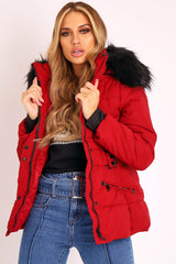 Dark Red Fur Trim Adjustable Waist Puffer Coat - Rossie-Coats