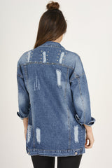 Dark Studded Distressed Oversized Denim Jacket - Barbara-Jackets