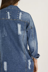 Dark Studded Distressed Oversized Denim Jacket - Barbara-Jackets