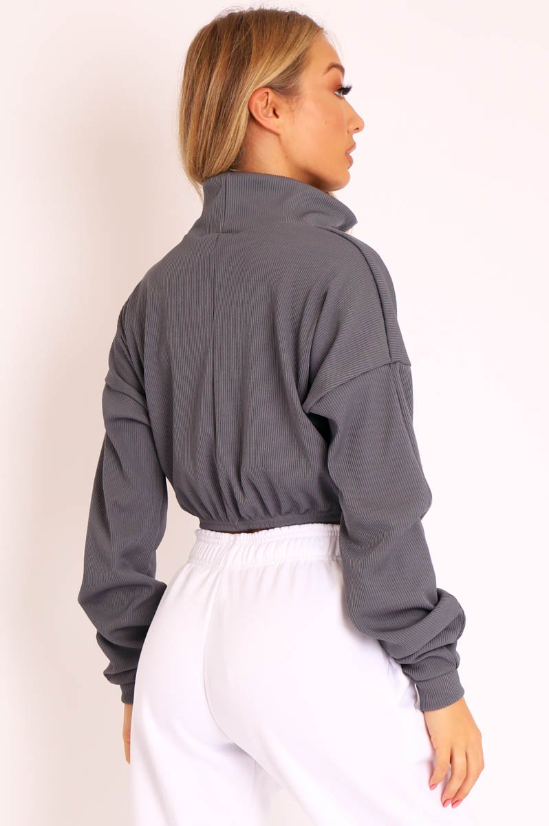 Dark Teal Ribbed Front Zip Sweater - Reeta-Sweatshirts
