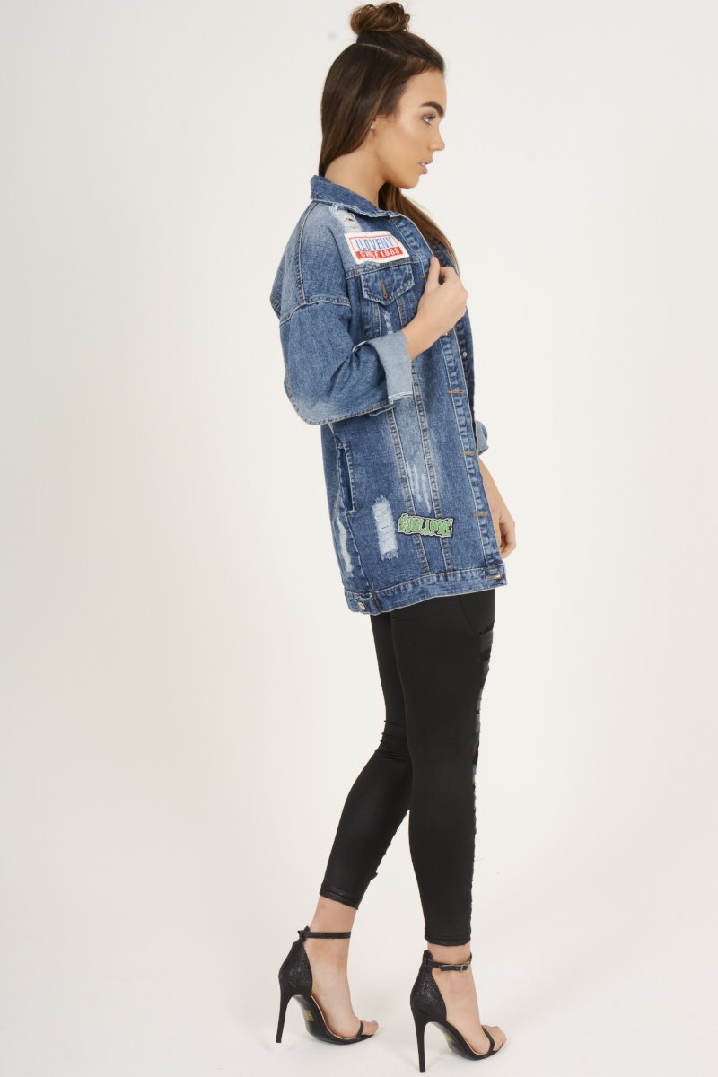 Dark Wash Badge Detail Distressed Denim Jacket - Becca-Jackets
