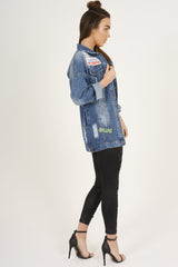 Dark Wash Badge Detail Distressed Denim Jacket - Becca-Jackets