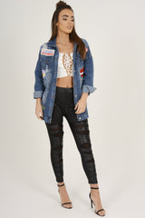 Dark Wash Badge Detail Distressed Denim Jacket - Becca-Jackets