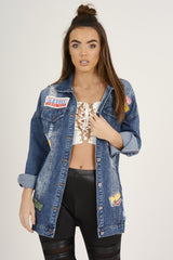 Dark Wash Badge Detail Distressed Denim Jacket - Becca-Jackets