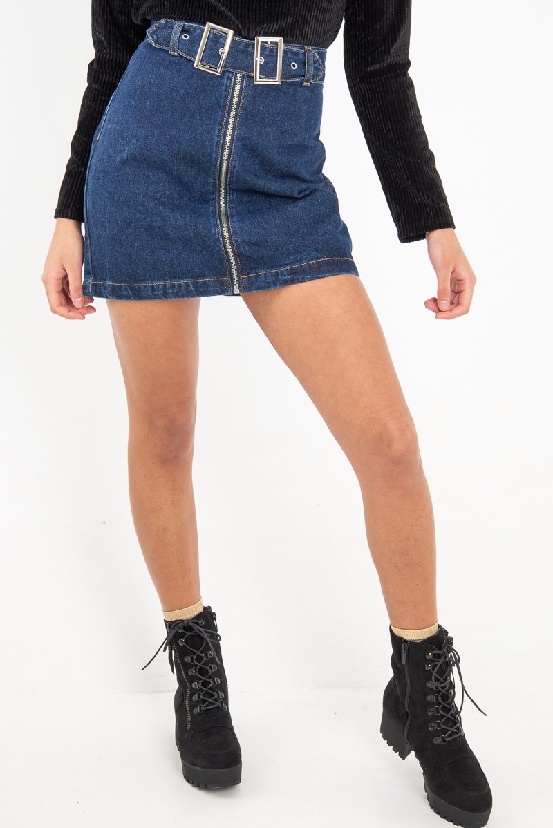 Dark Wash Belted Denim Mini Skirt - Espen-Skirts