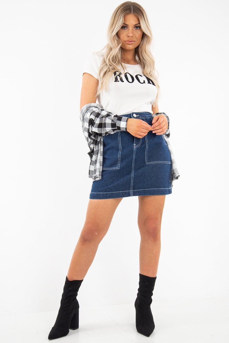 Dark Wash Contrast Stitch Denim Mini Skirt - Remee-Skirts