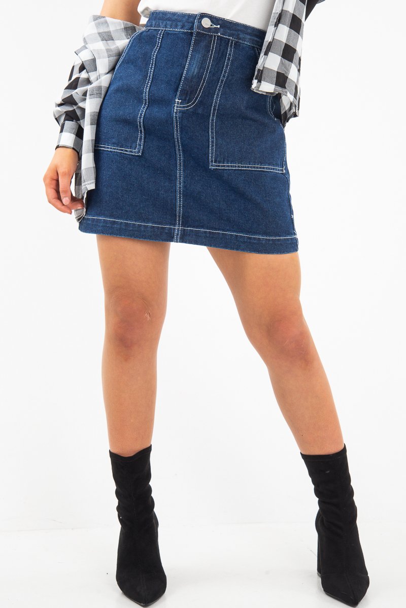 Dark Wash Contrast Stitch Denim Mini Skirt - Remee-Skirts