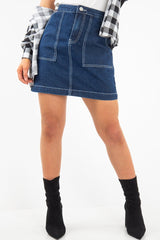 Dark Wash Contrast Stitch Denim Mini Skirt - Remee-Skirts