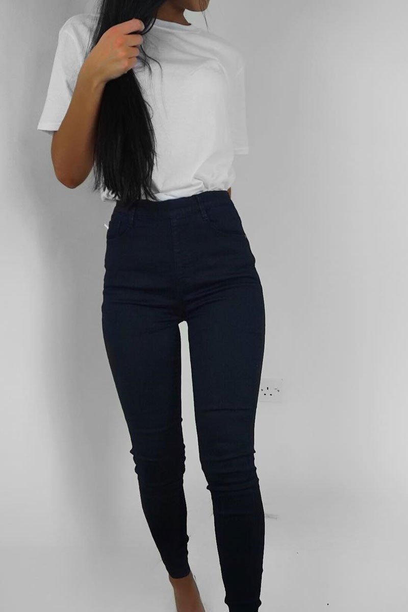 Dark Wash High Waist Skinny Fit Denim Jeans - Anatalia-Jeans