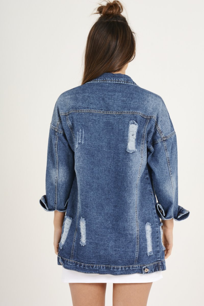Dark Wash Pocket Studded Distressed Oversized Denim Jacket - Huda-Jackets