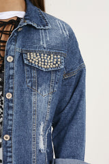 Dark Wash Pocket Studded Distressed Oversized Denim Jacket - Huda-Jackets