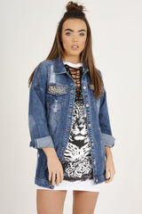 Dark Wash Pocket Studded Distressed Oversized Denim Jacket - Huda-Jackets