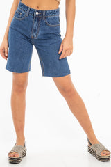 Dark Wash Raw Hem Longline Denim Shorts - Melissa-Shorts
