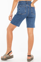 Dark Wash Raw Hem Longline Denim Shorts - Melissa-Shorts