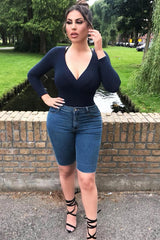 Dark Wash Raw Hem Longline Denim Shorts - Melissa-Shorts