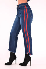 Dark Wash Red Constrast Stripe Jeans - Kayda-Jeans