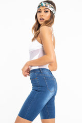 Dark Wash Seam Front Raw Hem Denim Cycle Shorts - Kayli-Shorts