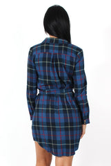 Darla Navy Checked Shirt Dress-Dresses