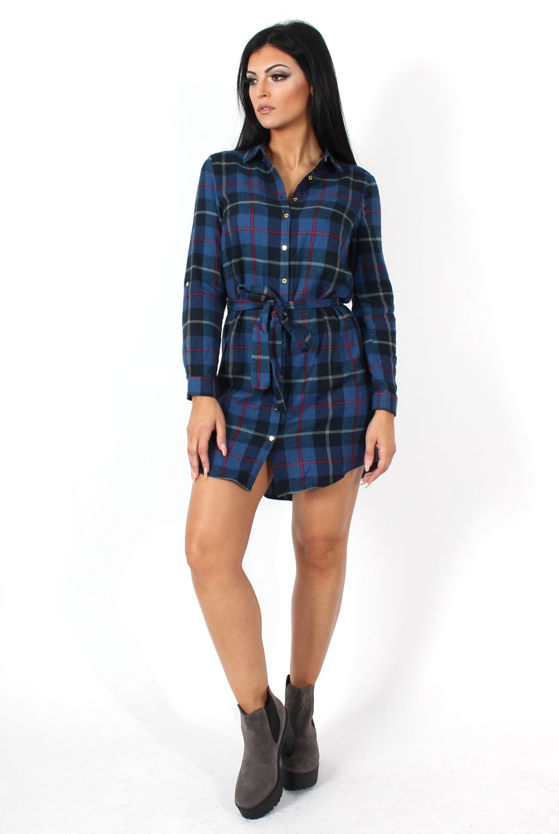 Darla Navy Checked Shirt Dress-Dresses