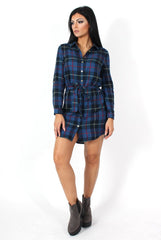 Darla Navy Checked Shirt Dress-Dresses