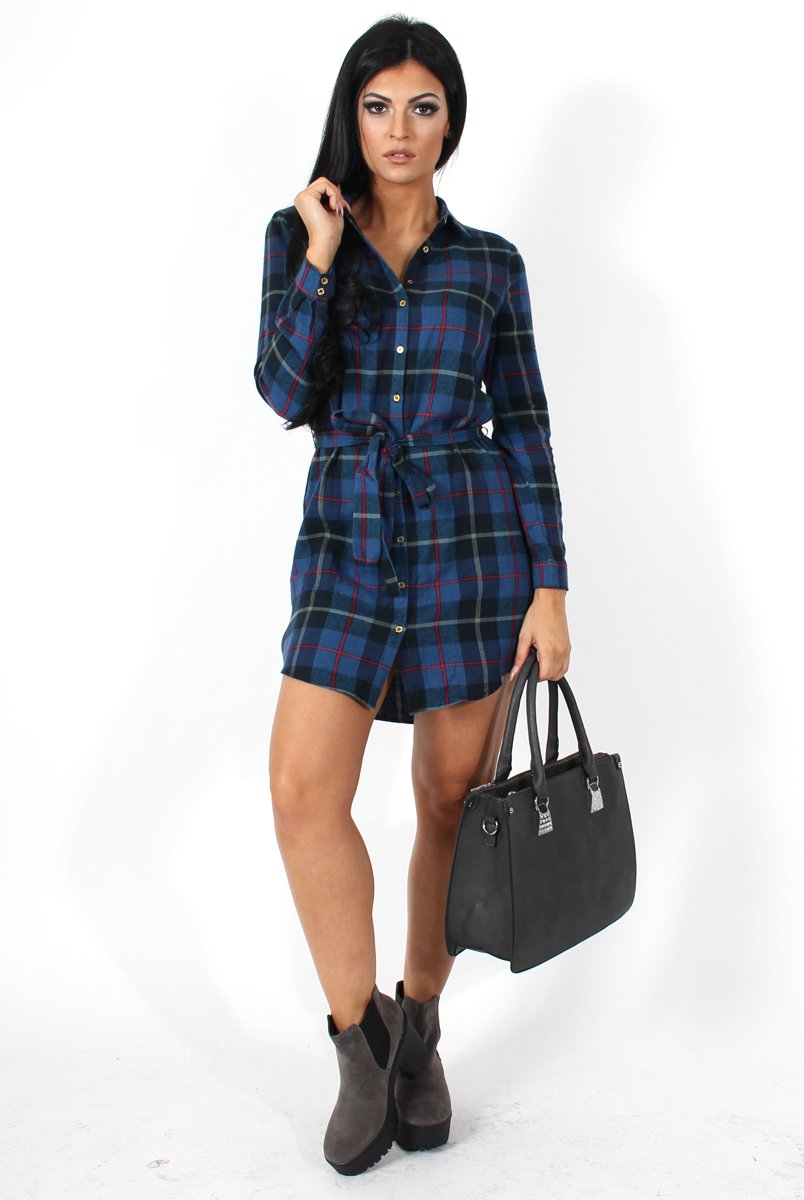 Darla Navy Checked Shirt Dress-Dresses