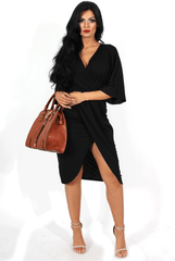 Debra Black V Neck Crossover Dress-Dresses