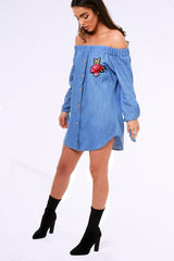 Denim Bardot Embroidered Mini Dress - Lena-Dresses