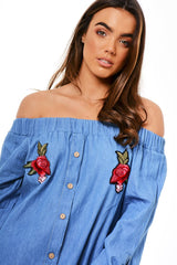 Denim Bardot Embroidered Mini Dress - Lena-Dresses